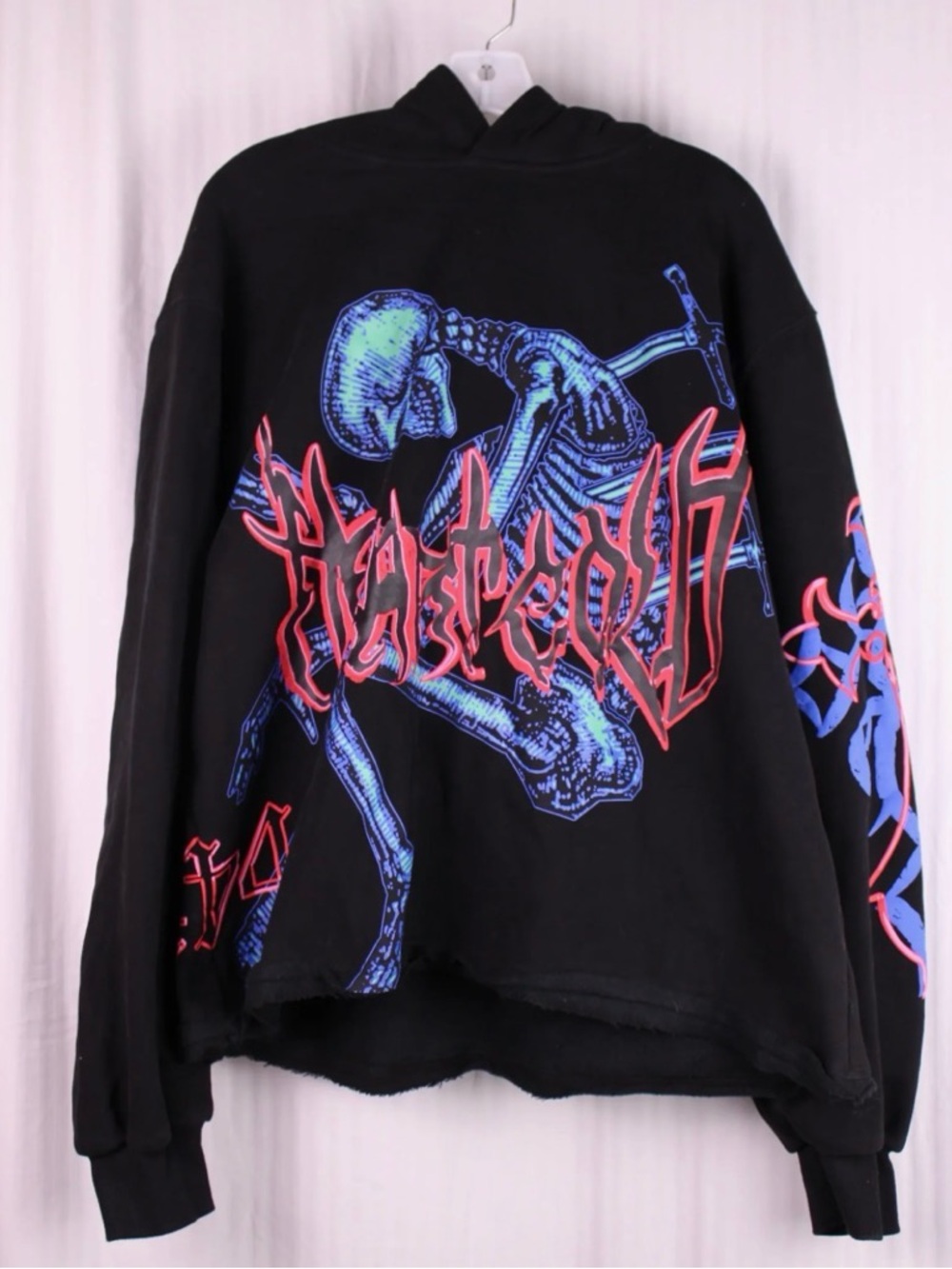 Black Graphic Skeleton Hoodie with Blue & Red Print